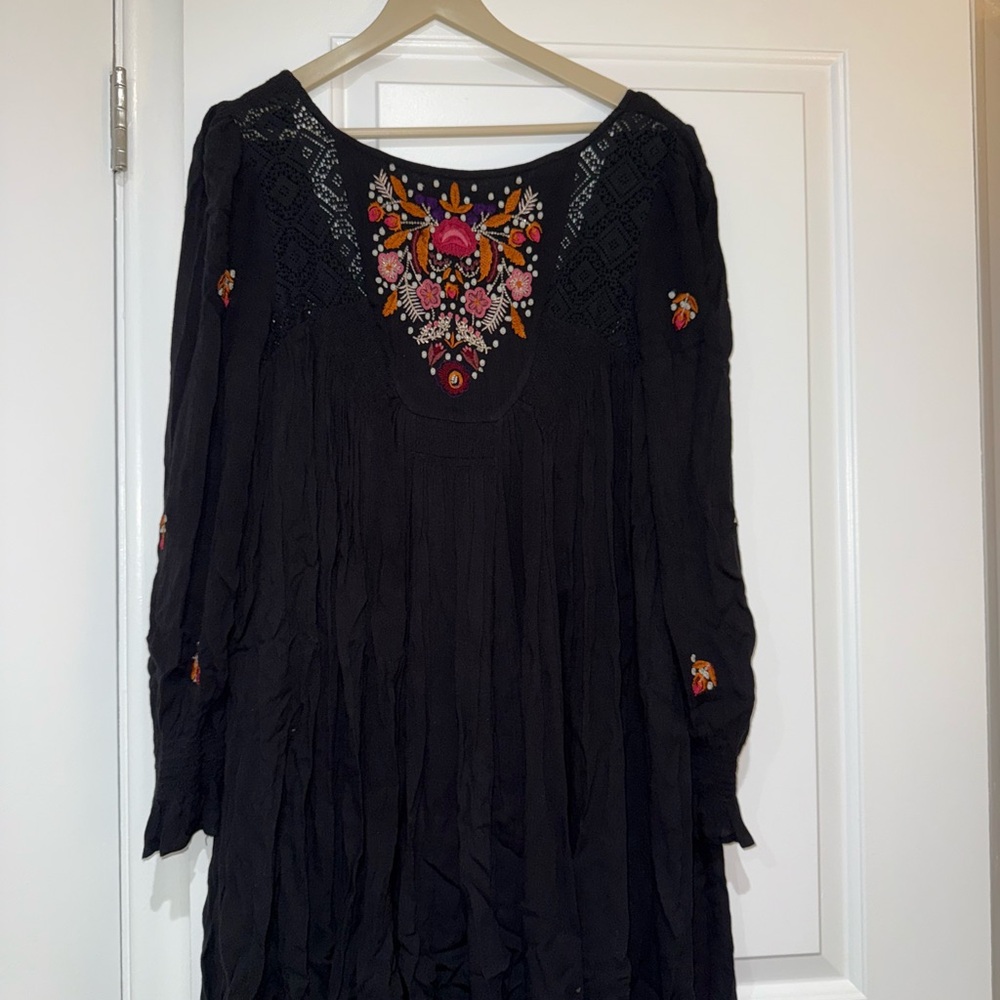 Free People Black Dress with Colorful Embroidery
